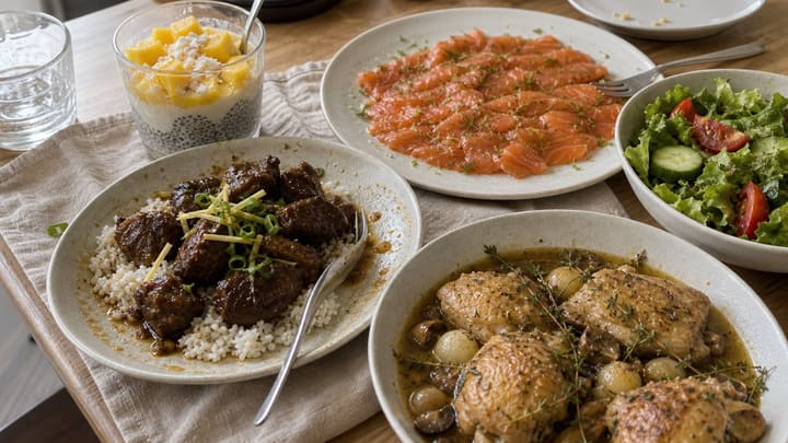 Несколько разных блюд TRI-FIT на столе: рыба, мясо, салат и десерт
